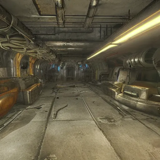 Prompt: fallout concept art vault - tec underground vault metal walls interior render grim realistic lighting unreal engine 5