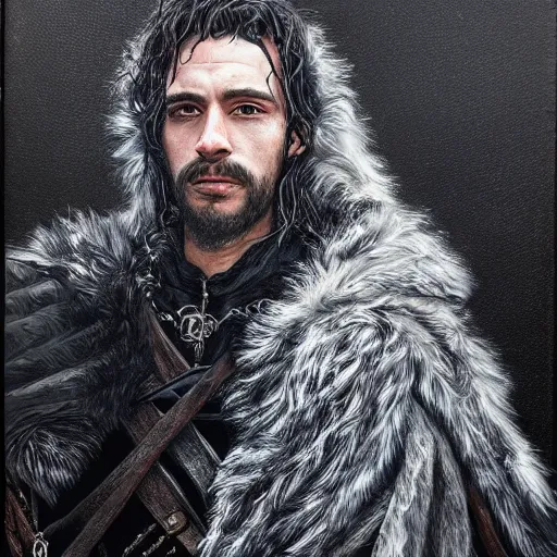 Prompt: lord comander of the nights watch, incredibly detailed oil painting, high octane, trending on artstation, incredible fineline, regal, fine art museum piece, drum scanner