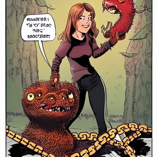 Image similar to perfect young woman holds her horrifying monster pet by chain, comic book cover