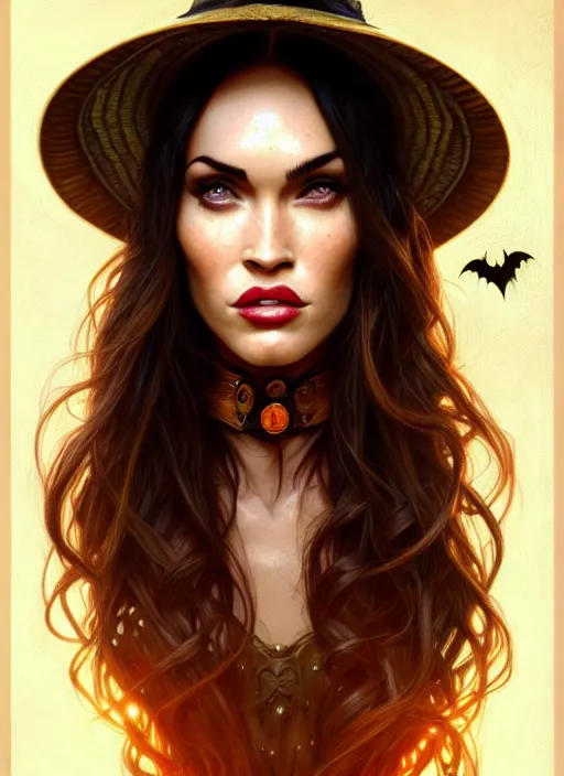 Image similar to portrait of megan fox as witch, hat, toad, pumpkin, halloween, intricate, headshot, highly detailed, digital painting, artstation, concept art, sharp focus, cinematic lighting, illustration, art by artgerm and greg rutkowski, alphonse mucha, cgsociety