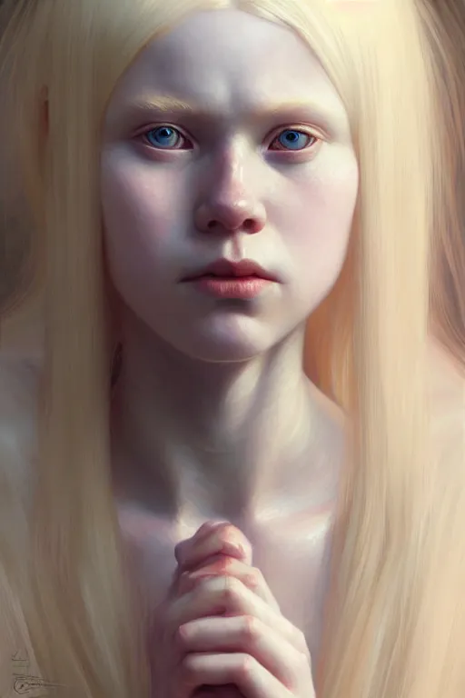 Image similar to Close-up portrait of young albino girl, long blonde hair, dark fantasy, portrait, highly detailed, digital painting, artstation, concept art, sharp focus, illustration, art by artgerm and greg rutkowski and alphonse mucha