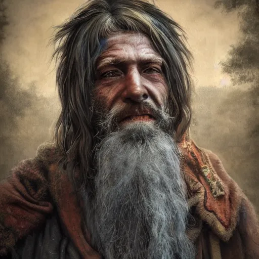 Image similar to realistic portrait of a human hobo druid, fantasy book, high detail, 8 k, octane render painting, dark fantasy