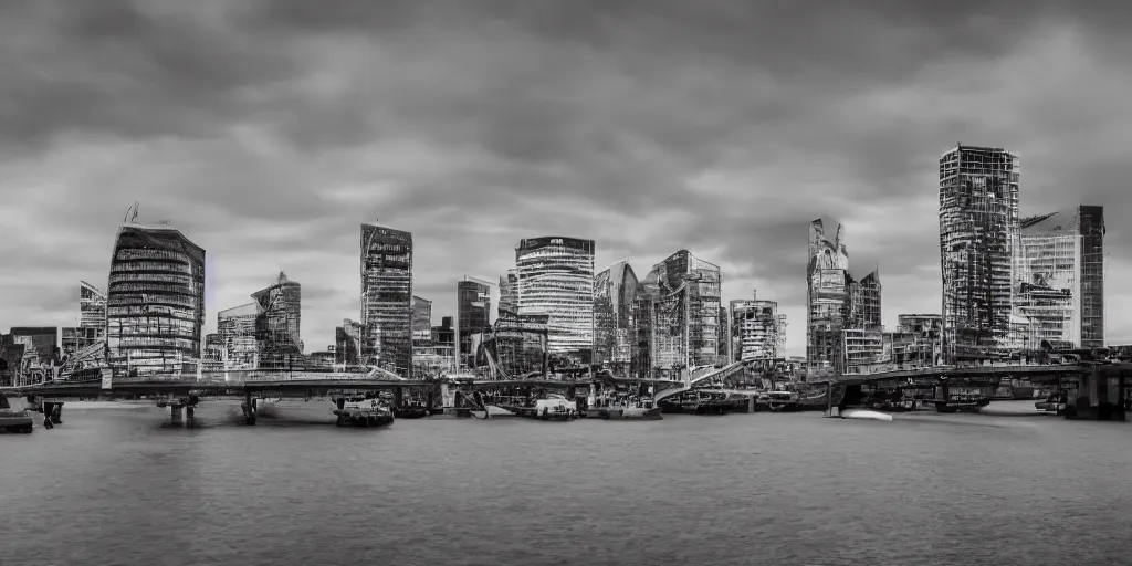 Image similar to docklands in london, night, dimly lit cirrus clouds, long exposure, architecture photography, no hdr, ultrawide image