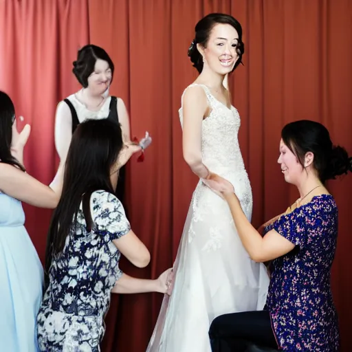 Image similar to professional fun souvenir photograph of a wedding dress fitting session. the bride is in the center of the photo.