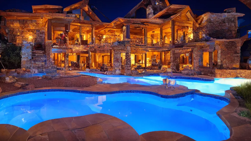 Prompt: party at midnight, in a modern house, peyote colors, fire pit, pool, hot tub, sauna, candles, people, cozy, warm, beautiful, cozy environment, ornate, intricate, glowing emitting light ornaments, 8 k, rule of thirds, cinematic, highly detailed, movie still