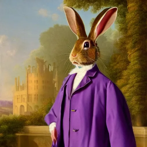 Image similar to a rabbit in a purple smoking jacket stands outside a palace, photorealism