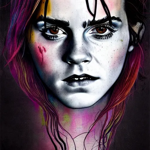 Prompt: expressive and dreadfull, [ minimalism ], detailed, organic flowing background, black ink & copic markers, vibrant muted colors, disturbing grunge still of a [ solomonic demon infested ] [ emma watson ], by arthur adams, by tom bagshaw