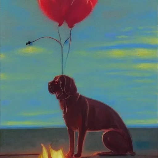 Prompt: “lonely dog by fire oil panting”