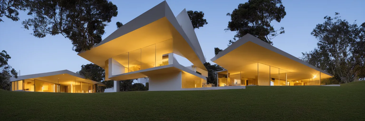 Prompt: [ em resposta a renan mendonca ] [ album ] an extremely far away exterior shot of a pavillion - like modern house designed by marcio kogan, where you can see the whole house overlooking some hills at golden hour, photographed by saul leiter, 8 k resolution