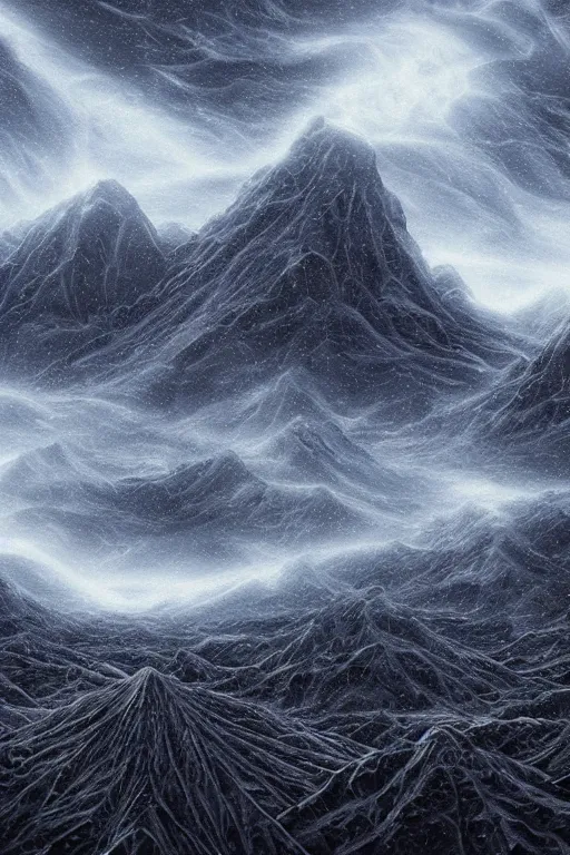 Image similar to digital matte fantasy dreamy mountain scape dark tones snow, alien landscape, photo realism, storm, 8 k by alex grey