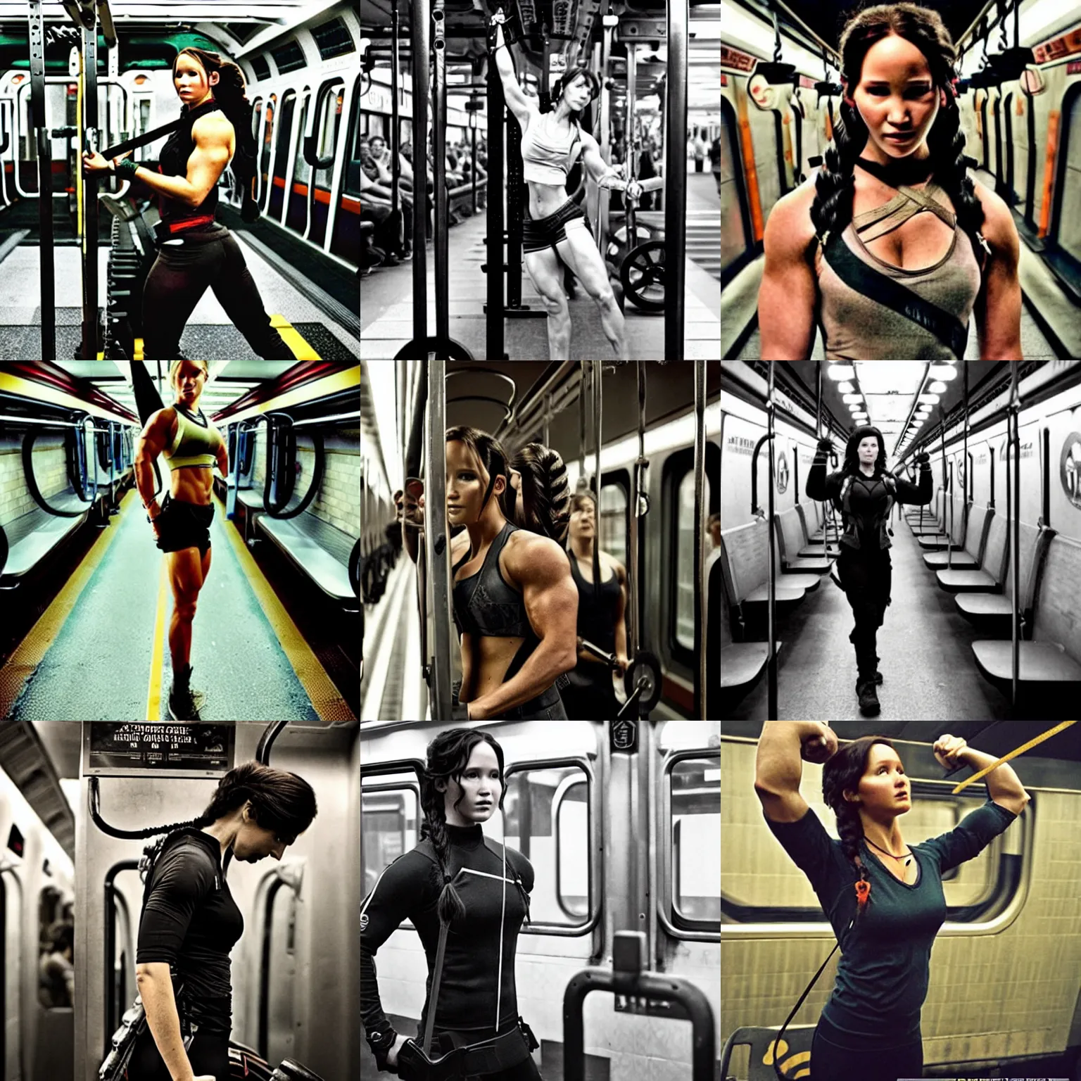 Prompt: katniss everdeen as a crossfit bodybuilder, in a subway train, photography by annie leibovitz