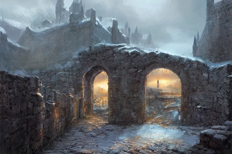 Prompt: winterfell walls gate, lanscape, calm feeling, clouded, beautiful, by marc simonetti