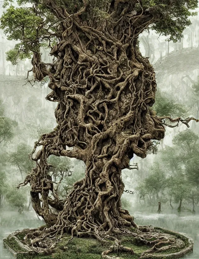 Prompt: an ancient tree with gnarled roots on a hill and rivulets of water running down in a maze by james jean and pascal blanche
