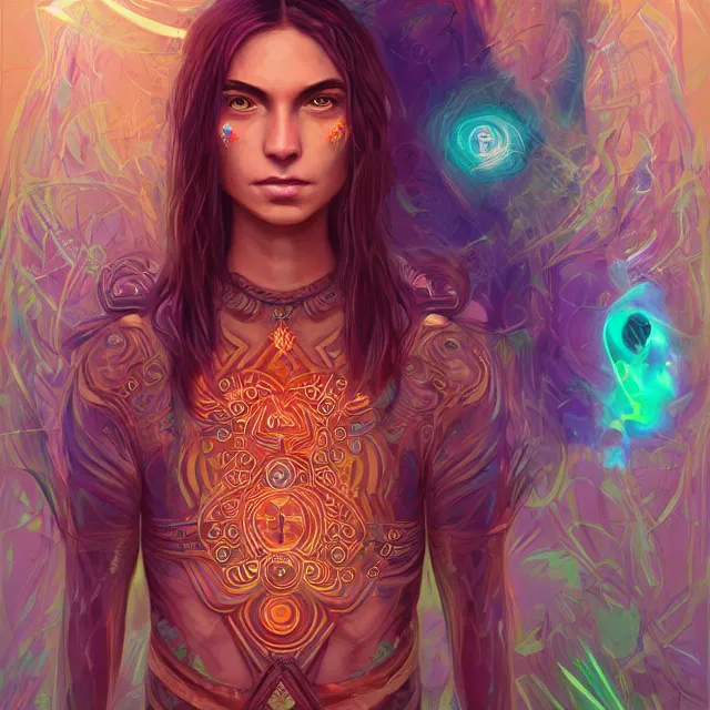 Image similar to one centered screen portrait of a future metaverse ayahuasca tech shaman warrior, 2 d cartoon, visionary art, symmetric, magick symbols, holy halo, shipibo patterns, sci - fi, concept art, trending on art station, 8 k digital art, by mandy jurgens, fantasy portrait art, anime