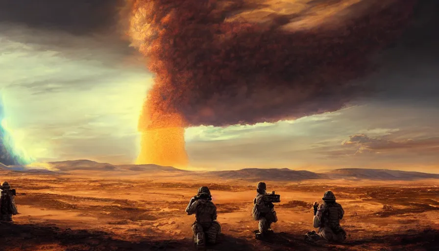 Image similar to troops on sand hill watching nuclear explosion on las vegas in the distance, nuclear cloud, hyperdetailed, artstation, cgsociety, 8 k