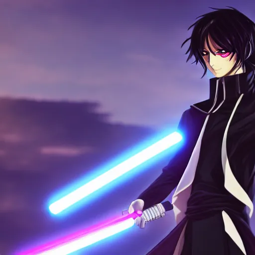 Image similar to eccentric Lelouch Lamperouge holding a lightsaber, mysterious man, octane 8k, beautiful scenery, aesthetic cyberpunk