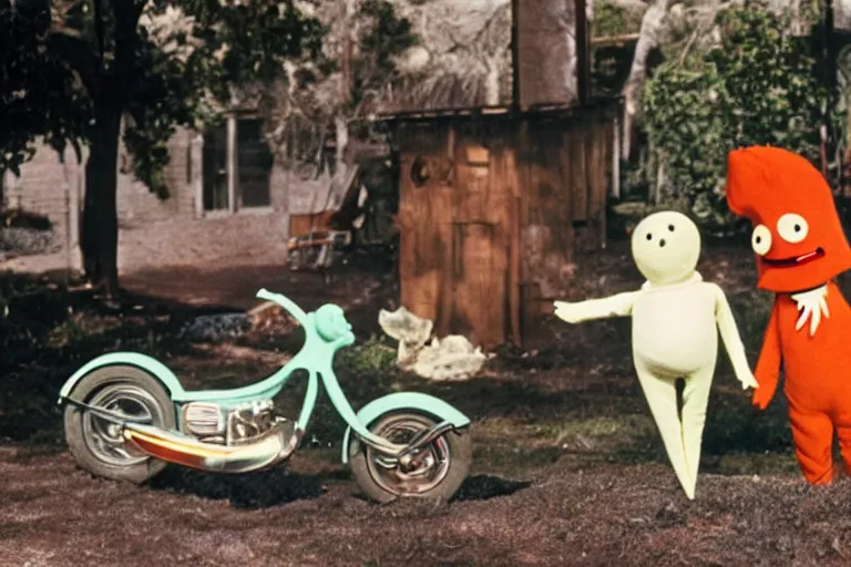 Image similar to a color still from a weird 1972 kids tv show where a sad cheese puppet and a motorcycle ghost play in a jug band