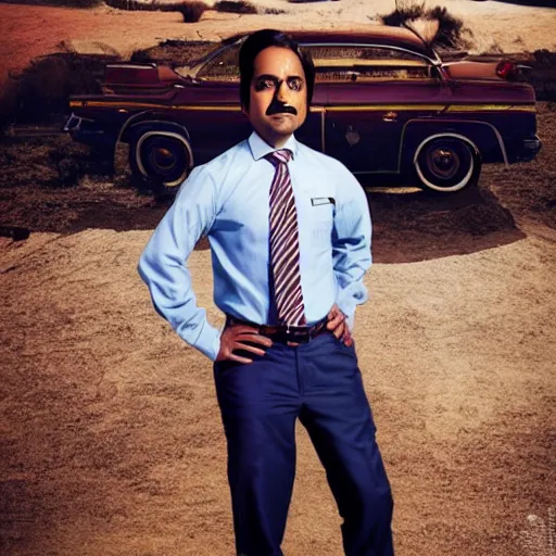 Image similar to office Raj Koothrappali in Better call Saul Goodman, photoshoot