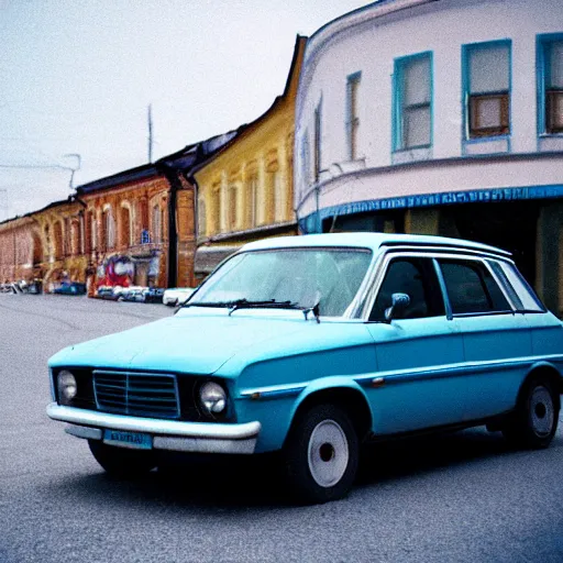 Prompt: close-up shot of car in russian small town, low angle, velvia film, cinestill,f 1,6, blur, by William Eaglstone
