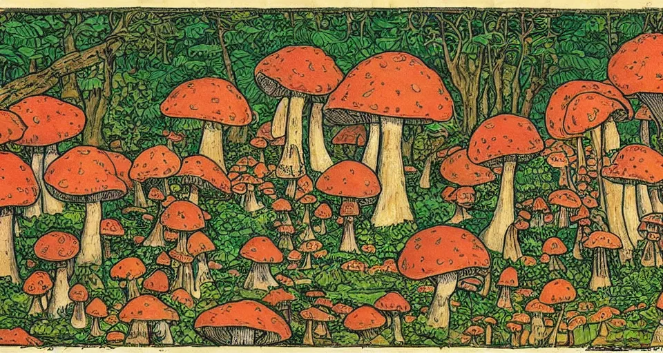 Image similar to A tribal village in a forest of giant mushrooms, by Ivan Bilibin,