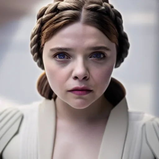 Prompt: Adult Chloe Moretz as Princess Leia, XF IQ4, 150MP, 50mm, F1.4, ISO 200, 1/160s, natural light