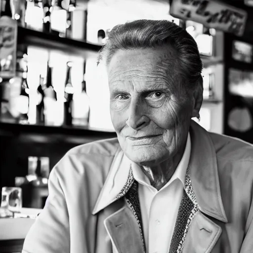 Image similar to robert stack wearing a trench coat unsolved mysteries waiting for a drink at a bar, ( sony a 7 r iv, symmetric balance, polarizing filter, photolab, lightroom, 4 k, dolby vision, photography awardm, voque, perfect face )