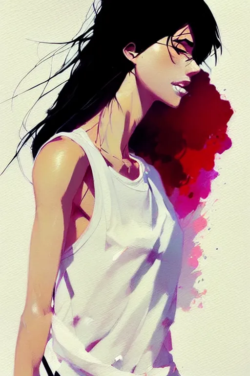 Image similar to a ultradetailed beautiful painting of a stylish woman with a white tank top, by conrad roset, greg rutkowski and makoto shinkai trending on artstation