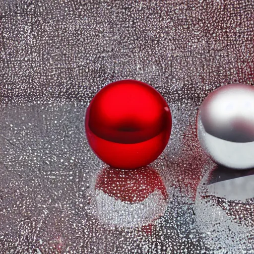 Prompt: chrome spheres on a red cube, ilford sfx photograph