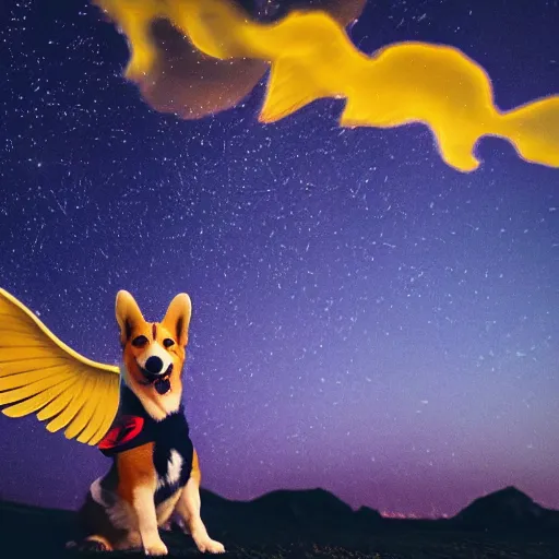 Image similar to corgi attaining [ angelic wings ], [ flying like a superhero ] in the [ night sky ]!! where the stars are visibly perceptible, [ realistic photo ]!!, [ 4 k photorealism ]!!, trending on unsplash