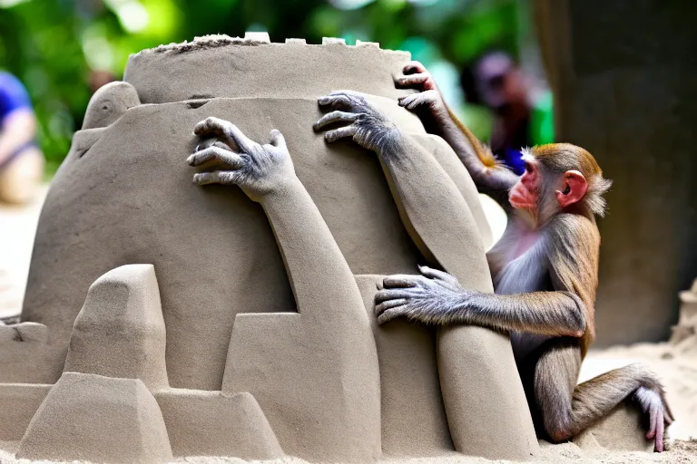 Image similar to a monkey touching a completed sand castle