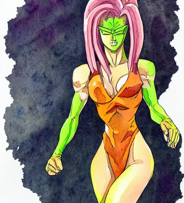 Image similar to a 3 / 4 view watercolor ink painting of daphne isabella blake as broly in the style of jean giraud in the style of moebius trending on artstation deviantart pinterest detailed realistic hd 8 k high resolution