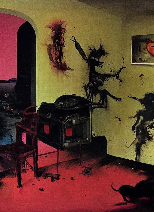 Prompt: two dark figures laughing and a black dog inside a decayed contemporary living room with large oxygen tank in the style of Francis Bacon and Zdzislaw Beksinski, Edward Hopper and Norman Rockwell, highly detailed, very coherent, triadic color scheme