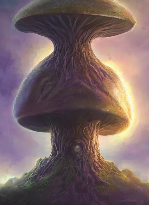 Image similar to enormous mushroom deity of the stars resides inside void manifold, portrait by ross tran, timeline nexus, ascending universes, a dnd illustration of esoteric concept by cgsociety and james gurney, artstation, hdr, rtx