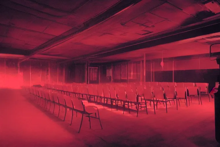 Image similar to a dark conference hall, half - full with people, atmospheric and obscure, red neon light, by roger deakins, cinematography, syd mead