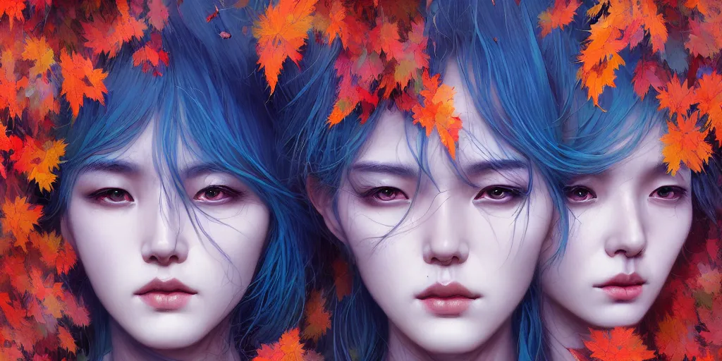 Image similar to breathtaking detailed concept art painting pattern of blue hair faces goddesses amalgamation autumn leaves with anxious piercing eyes, by hsiao - ron cheng and james jean, bizarre compositions, exquisite detail, extremely moody lighting, 8 k
