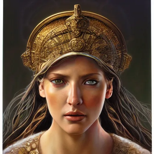 Image similar to hyperrealistic mixed media painting of beautiful goddess Athena, stunning 3d render inspired art by P. Craig Russell and Barry Windsor-Smith, perfect facial symmetry, dim volumetric lighting, 8k octane beautifully detailed render, post-processing, portrait, extremely hyper-detailed, intricate, epic composition, brown eyes, realistic realistic realistic eyes, cinematic lighting, masterpiece, trending on artstation, detailed detailed detailed, masterpiece, stunning