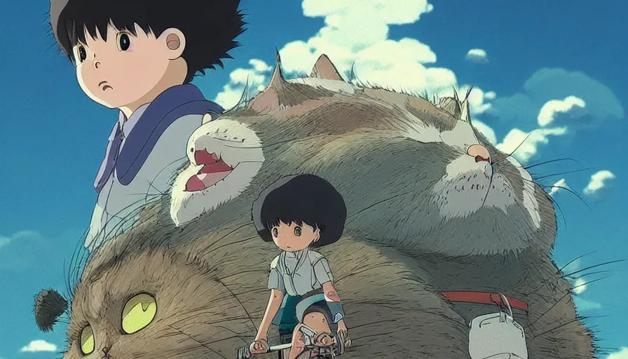 Image similar to the last fat catrider, comedy, graphic art, rgba, 8 k hd resolution, pinterest, dynamic character, 8 k character details, concept art, 8 k ultra realistic, intricate details, ultra detailed, reduce character duplication, in style of hayao miyazaki, by studio ghibli