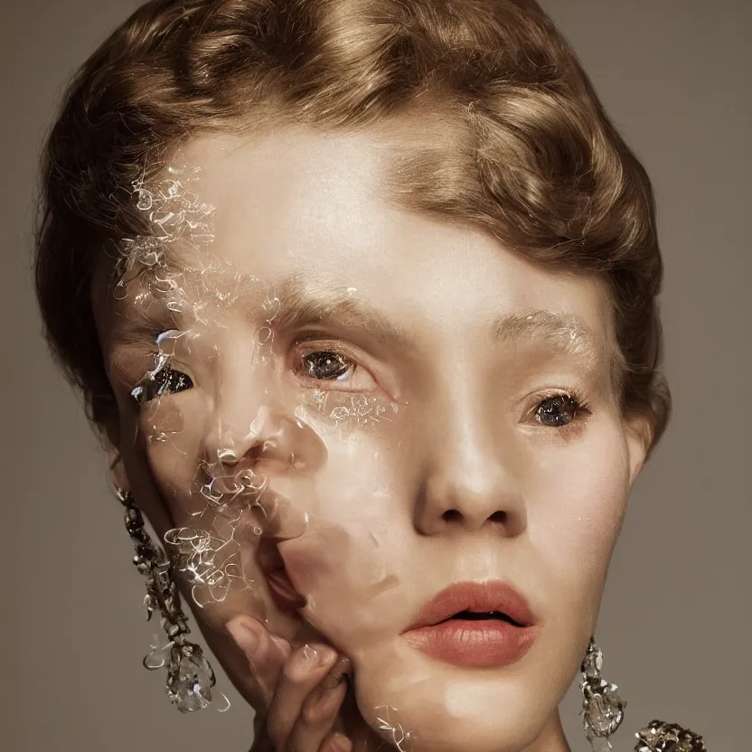 Image similar to stunning close up portrait of a woman from a fashion model with large prada dress, looking at you with sparkling bedroom eyes, in parisian luxury studio decorated, official prada editorial, by Hendrik Kerstens, by norman rockwell, highly detailed