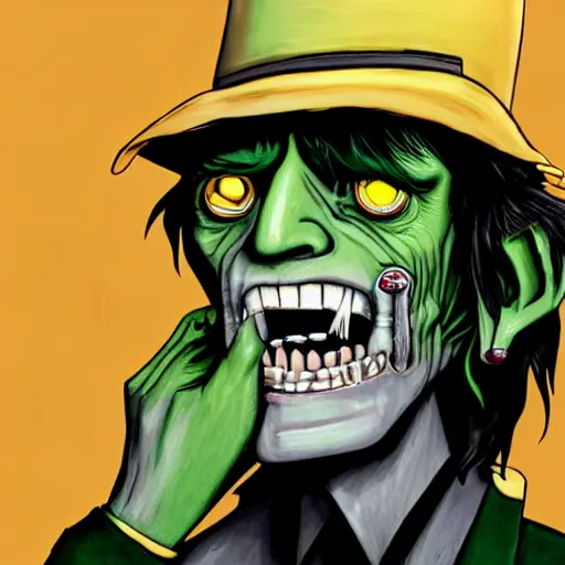 Image similar to Murdoc is based on Keith Richards of The Rolling Stones.sickly green colored skin, and yellow colored eyes, with a red pupil in his right eye. He also has a misshapen nose and sharp yellow teeth and a large grin. He has a black mop top that covers a portion of his face and hides his eyebrows, wearing a grey or black sweater and grey or blue jeans with cuban heel boots and an inverted cross necklace. He sometimes wears a purple and red cape