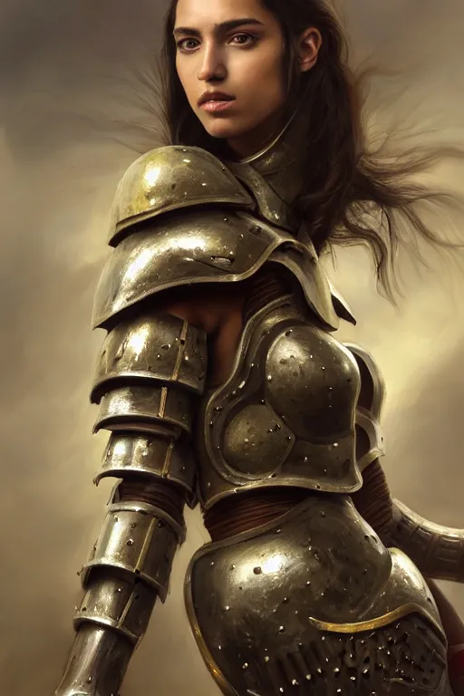 Image similar to a photorealistically painted portrait of an attractive young girl, partially clothed in metal-plated battle armor, with an abstractly painted background, flawless olive skin, fair complexion, long dark hair, beautiful bone structure, perfectly symmetric facial features, perfect photorealistic eyes, natural physique, intricate, elegant, digital painting, concept art, finely detailed, beautifully illustrated, sharp focus, minimal artifacts, volumetric lighting, from DOOM and Halo, by Ruan Jia and Mandy Jurgens and Artgerm and William-Adolphe Bouguerea, in the style of Greg Rutkowski, trending on Artstation, award winning art