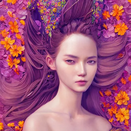 Image similar to the portrait of the most beautiful, graceful, and elegant young woman made of bananas and petals, an ultrafine detailed illustration by kim jung gi, rossdraws, irakli nadar, intricate linework, bright colors, final fantasy, behance contest winner, angular, unreal engine 5 highly rendered, global illumination, radiant light, detailed and intricate environment