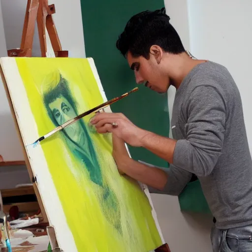 Image similar to A young male Latino artist painting a plain green picture on canvas