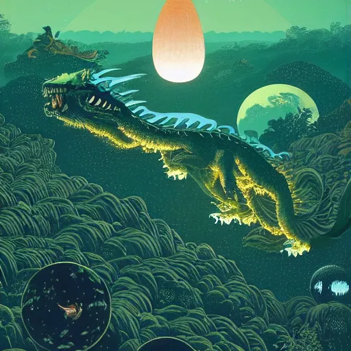 Prompt: Beautiful ultradetailed and ultrasharp painting of an alien planet with lush vegetation, at night with a giant dragon flying in the air by victo ngai