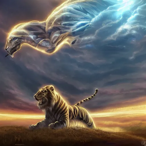 Image similar to the ancient world, hyper complexity, highly detailed, cinematic lighting, pastel colored sunrise, flying robotic tiger with gold metal huge wings on its back in the cloudy sky, sharp outlines, complete whole lion body, another sleeping tiger face in the clouds watching each other, hyperrealistic, trending on pixiv fanbox, love death robot,