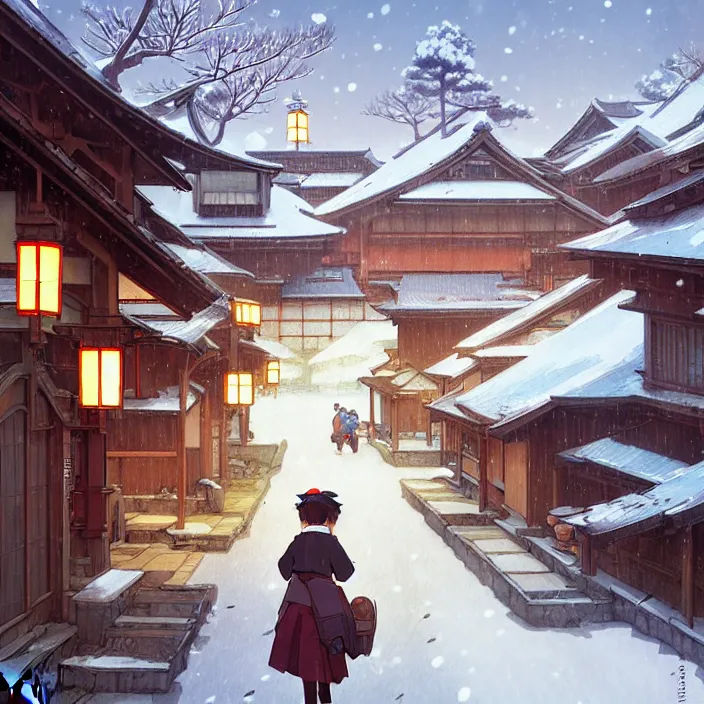 Image similar to japanese rural town, winter, in the style of studio ghibli, j. c. leyendecker, greg rutkowski, artem