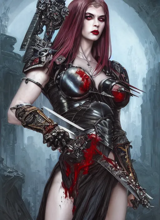 Image similar to portrait of beautiful pale gothic muscular cyber warrior girl with sword, covered in blood, warhammer 40000, cyberpunk, intricate, elegant, highly detailed, digital painting, artstation, concept art, smooth, sharp focus, illustration, art by artgerm and greg rutkowski and alphonse mucha and Gustav Klimt and Ilya Kuvshinov