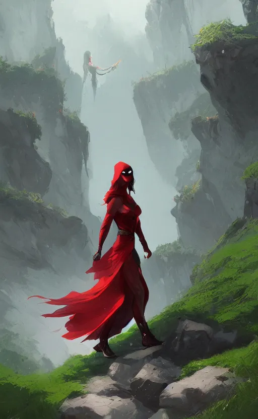 Image similar to a beautiful illustration of a woman with red hood walking between rocks, by greg rutkowski, digital artwork, artstation, cgartists, conceptartworld, deviantart, magic the gathering artstyle, floating magical rocks, lush green meadow