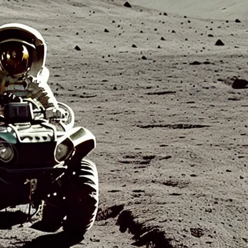 Prompt: photo of monkey wearing a space helmet riding an atv on the moon,