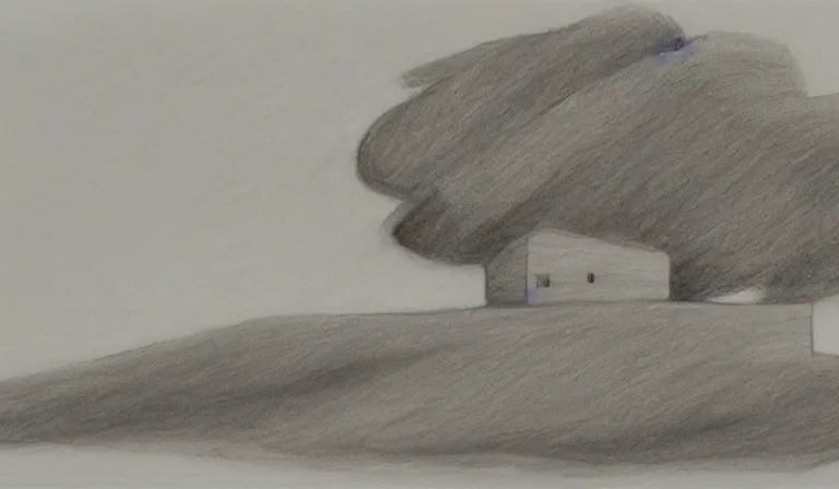 Prompt: A serene landscape with a singular building in the style of charcoal sketch on craft paper