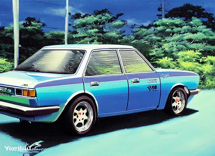 Image similar to beautiful yoshitaka amano art of a datsun bluebird 5 1 0, detailed painting